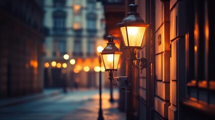 Poster - A row of street lights illuminating a quiet city street at dusk, with the warm glow casting soft light on the pavement and creating a calm, inviting atmosphere.