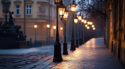 Poster - A row of street lights illuminating a quiet city street at dusk, with the warm glow casting soft light on the pavement and creating a calm, inviting atmosphere.