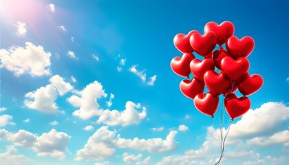 Heart-shaped balloon ascending into a clear blue sky, symbolizing love and freedom, ideal for Valentines Day banners and romantic greetings with ample space for text.