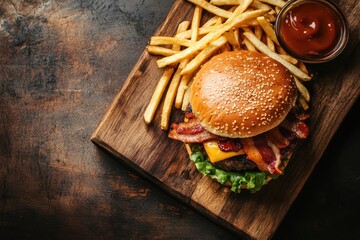 Delicious cheeseburger with bacon, lettuce, and fries on a wooden board, served with ketchup for a mouthwatering meal.