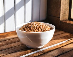 Canvas Print - A nutritious staple food, raw lentils displayed in a white bowl, symbolizing healthy eating.