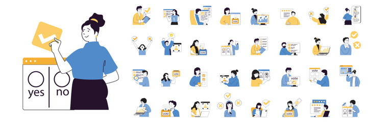 Leinwandbilder - Online voting concept mega set with character scenes in flat design for web. Bundle situations with people choosing in political vote, analyzing politics rating and exit polls. Vector illustrations.