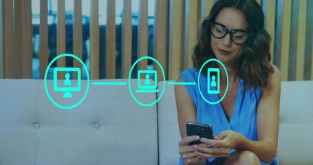 Poster - Animation of network of connections with icons over biracial woman using smartphone