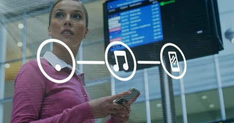 Poster - Animation of network of connections with icons over caucasian woman using smartphone