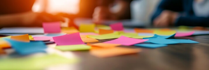 A close-up image of a table covered in colorful sticky notes, symbolizing ideas, collaboration, innovation, creativity and teamwork.