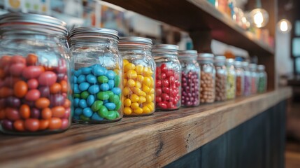 Poster - A row of glass jars filled with colorful candies, neatly arranged on a wooden shelf in a cozy kitchen, symbolizing sweetness and nostalgia.