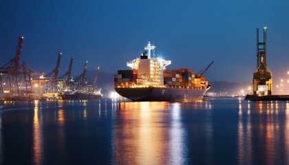 Container ship preparing to leave port late at night