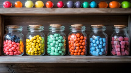 Poster - A row of glass jars filled with colorful candies, neatly arranged on a wooden shelf in a cozy kitchen, symbolizing sweetness and nostalgia.