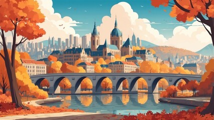 Wall Mural - Beautiful autumn illustration of old cityscape on the river