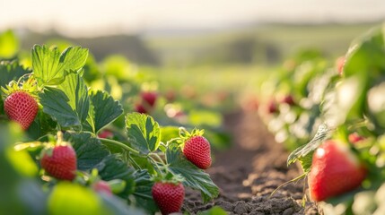 Poster - A scenic farm view with rows of strawberry plants ready for harvest, with a focus on the ripe red berries visible among the green leaves.