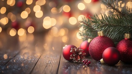 A close-up shot of red Christmas ornaments on a rustic wooden table with a blurred background of twinkling lights and a pine branch. This image evokes a warm and cozy holiday atmosphere, perfect for s