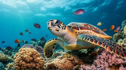 Poster - A sea turtle resting on a coral reef, surrounded by small fish and marine life, highlighting the importance of reef ecosystems and underwater biodiversity.
