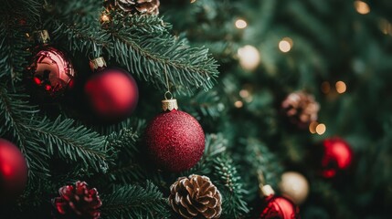 A close-up view of a decorated Christmas tree with red ornaments, pine branches, and twinkling lights, symbolizing the joy, tradition, and warmth of the holiday season.