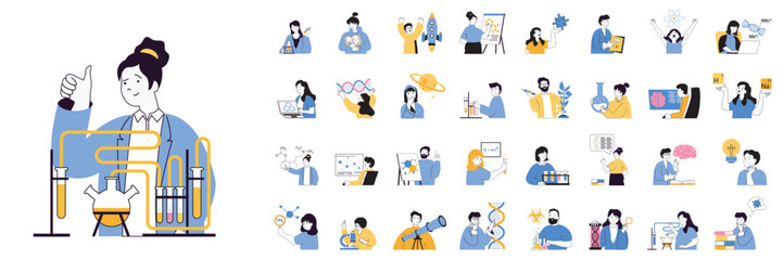 Aufkleber - Science lab concept mega set with character scenes in flat design for web. Bundle situations with people make chemical research, learning plants or viruses, work in laboratory. Vector illustrations.