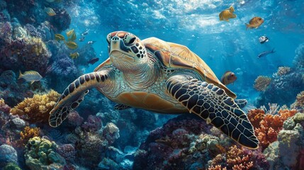 Poster - A sea turtle resting on a coral reef, surrounded by small fish and marine life, highlighting the importance of reef ecosystems and underwater biodiversity.
