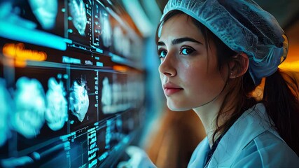 Poster - A focused young scientist examines data on a digital screen in a lab, surrounded by advanced medical technology.