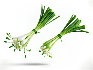 Aufkleber - Chopped_green_onions_falling_in_mid-air,_isolated_on_a_white_background,_with_a_clipping_path_and_full_depth_of_field.