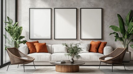 3 Blank poster wooden mock up frames on the wall in living room interior.