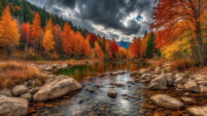 Wall Mural - Eye-soothing wallpaper showing the beautiful face of autumn colors of trees that naturally blend with the lake and mountains