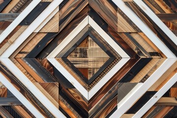 Wall Mural - A geometric pattern made from various pieces of wood arranged in a diamond shape. The wood pieces vary in color, texture, and finish, creating a visually striking design.