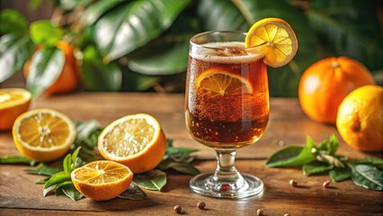 Refreshing citrus drink surrounded by ripe oranges on a table.