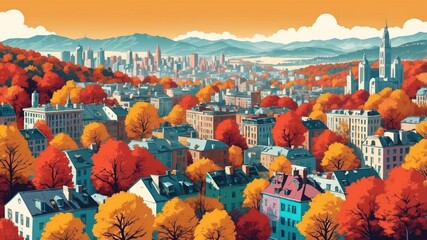 Wall Mural - Pop art illustration autumn cityscape