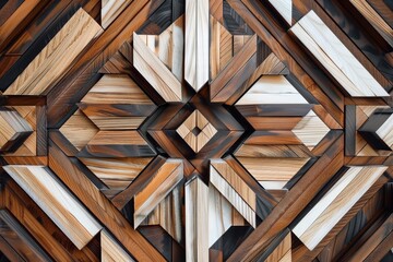 Wall Mural - An intricate wooden wall panel featuring geometric patterns and a mix of light and dark wood tones. The design showcases a variety of textures and colors, creating a visually striking effect.