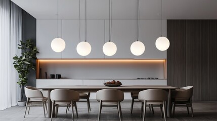 Poster - a series of minimalist pendant lights with uniform, circular shades hanging in a row above a dining 