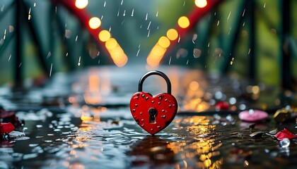 Romantic heart-shaped padlock on a rainy bridge symbolizing love and memories, ideal for Valentines Day decorations and heartfelt messages