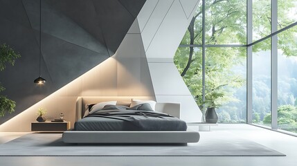 Wall Mural - Modern Bedroom with Geometric Walls and Large Window