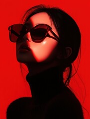 Woman with sunglasses on red background, profile view.