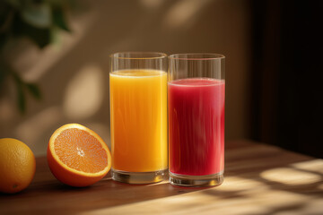 Two glasses with red and orange fruit juice.