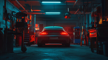 Naklejka na meble Low angle rear view of a car in a repair shop at night.