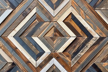 Wall Mural - Decorative wooden wall featuring a geometric pattern made of various shades of wood, including brown, gray, and white. The design showcases a series of interlocking.