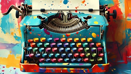 Vintage typewriter infused with colorful ink blots, celebrating the fusion of retro technology and modern artistic expression in creative writing design