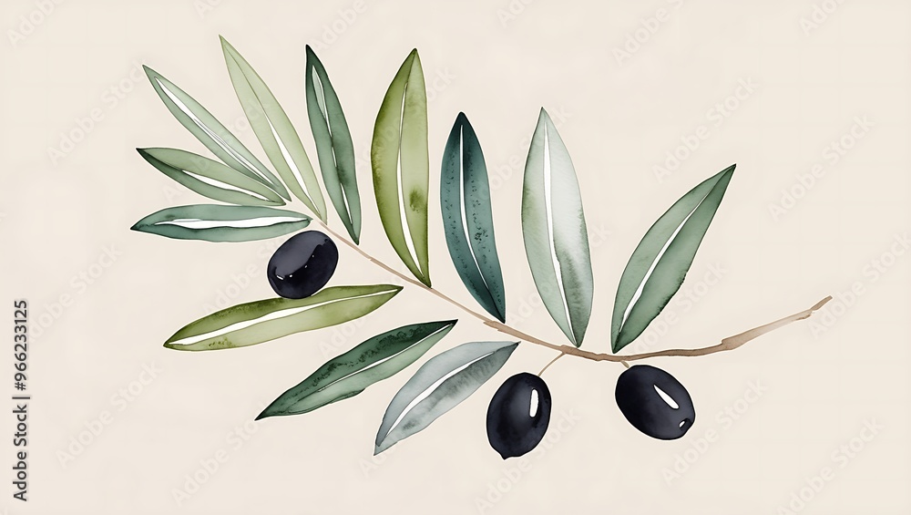Simple watercolor of an olive branch with green leaves and black olives ...