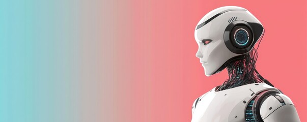 Robot orchestrating a network of trading bots, depicted with simple geometric shapes and a streamlined design