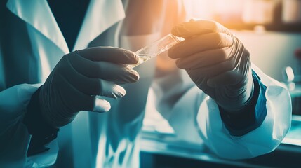 Wall Mural - a scientist in a lab coat examines a test tube filled with a clear liquid.