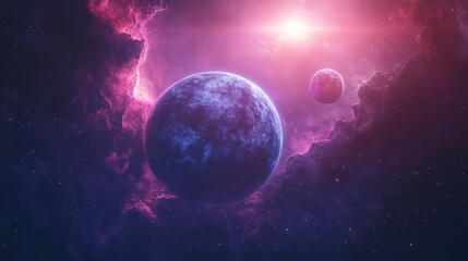 Blue and Pink Planet with Two Suns in Deep Space