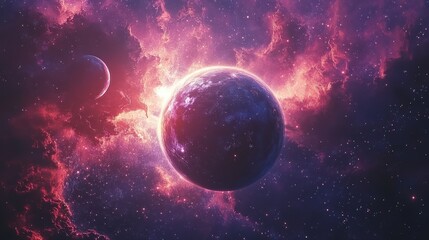 Blue and Pink Planet with Two Suns in Deep Space