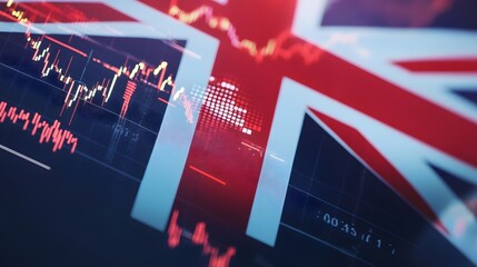 Poster - Financial charts with the UK flag in the background.