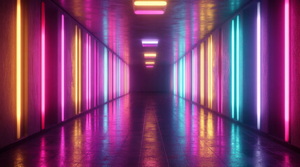 Colorful neon lamps in a dark corridor. Reflections on the floor. Empty background in the center. 3d rendering image