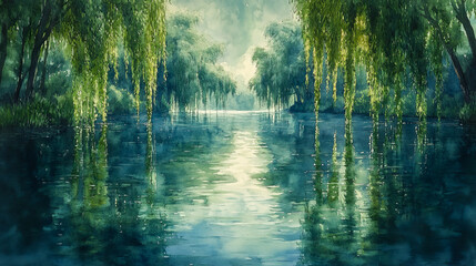 Poster - A quiet river lined with willow trees