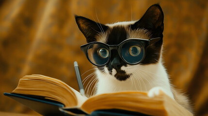 Smart cat wearing glasses reading book and learning