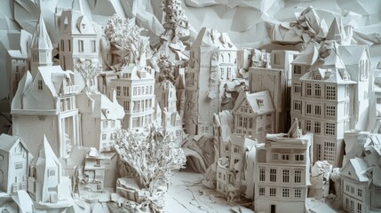 Surreal cityscape crafted from discarded paper showcasing imaginative architecture and nature