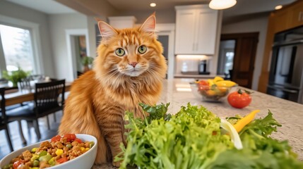 Fluffy ginger cat sitting on kitchen counter with vegetables and cat food