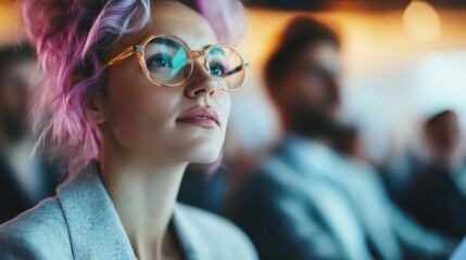 An audience member with vibrant colored hair attentively listens during a professional meeting, demonstrating interest and engagement in the ongoing discussion.