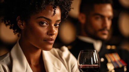 An elegant woman with curly hair holds a glass of wine in a formal gathering, surrounded by people in the background, representing class and sophistication.