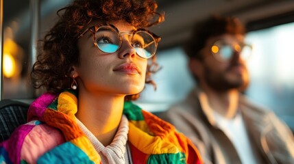 Two people wearing bright, colorful jackets sit on a public bus, representing the vibrant and diverse atmosphere of daily commuting, characterized by casual urban fashion.