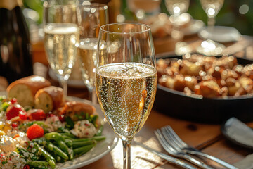 A champagne brunch featuring delightful food spread on table, showcasing sparkling drinks and variety of delicious dishes. atmosphere is warm and inviting, perfect for gatherings